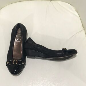 AGL Black Leather Wedge with Black Patent Toe. Size 37.5